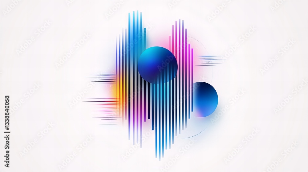 Poster geometric abstract composition features vertical lines and spherical shapes with gradients of blue, 