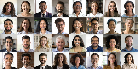 Portraits of happy younger and older people from different ethnicities, ages, genders, and...