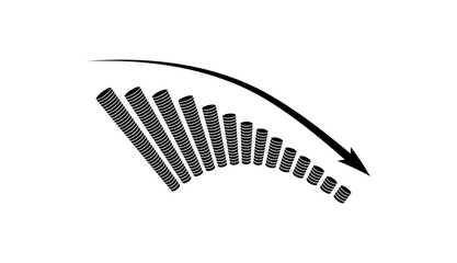 illustration of down business coins graph icon .Animated business of loss sign. Coin stacks with descending curve or arrow 