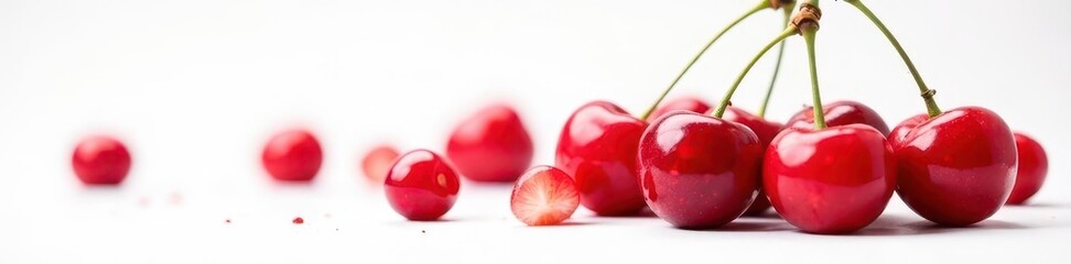 Bright red cherries, glistening, isolated on pure white , background, food photography, cherry branch