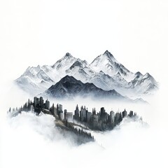 City skyline nestled between mountains with surrounding foggy atmosphere