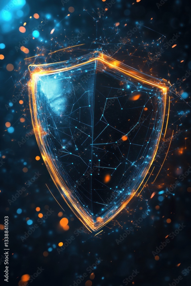 Poster abstract glowing shield design with digital particles and effects