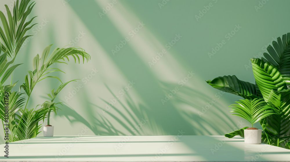 Aufkleber green room empty copy space background with palm leaves and sunlight beams summer cozy warm mock up.