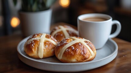 English cross buns and cup of coffee 
