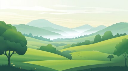 Serene Rolling Hills Landscape Misty Morning in a Green Valley