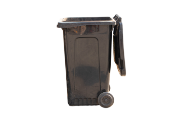Rubbish bin garbage square shape black with flip cover isolated on cut out PNG or transparent background. Black old trash cans plastic. Waste collection equipment in park.