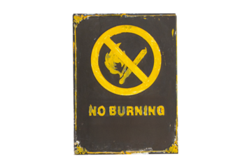 Signs or sign symbol black plastic NO BURNING isolated on cut out PNG or transparent background. Symbol Yellow matchsticks that must respected prohibition.