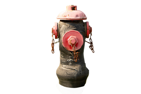 Old red pipe water hydrant fire department connection isolated on cut out PNG or transparent background. Ready to deliver water along pipe line. Emergency to control situation and reduce loss.