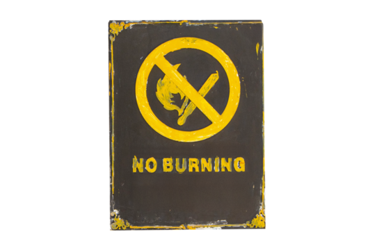 Signs or sign symbol black plastic NO BURNING isolated on cut out PNG or transparent background. Symbol Yellow matchsticks that must respected prohibition.