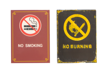 Signs or sign symbol white plastic brown and black NO SMOKING with NO BURNING isolated on cut out PNG or transparent background. Symbol that must respected prohibition.