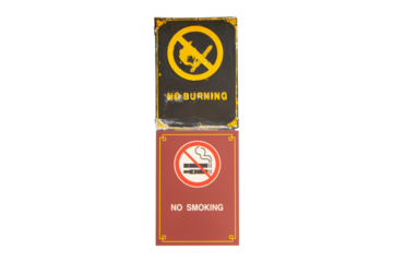 Signs or sign symbol white plastic brown and black NO SMOKING with NO BURNING isolated on cut out PNG or transparent background. Warning signs for tourist to follow. Symbol that must prohibition.