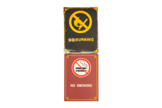 Signs or sign symbol white plastic brown and black NO SMOKING with NO BURNING isolated on cut out PNG or transparent background. Warning signs for tourist to follow. Symbol that must prohibition.