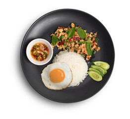 Stir fried basil chicken with rice and fried egg on top