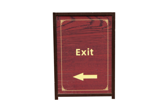 EXIT emergency exit sign sticker wood brown rectangular geometric shape isolated on cut out PNG or transparent background. Inside building come out safely. Fire escape sign hang Indicates route.