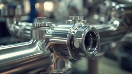 Naklejka premium Close-up of shiny stainless steel pipeline components in factory