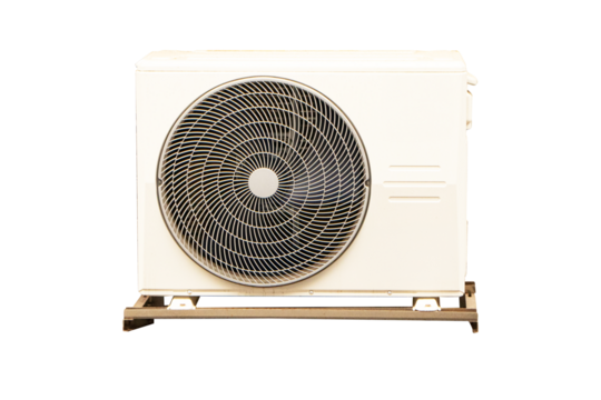 White big air conditioner compressor source heat pumps. Cooling pump technology for home or office. For on roof top of building for industrial plant. Isolated on cut out PNG or transparent background.