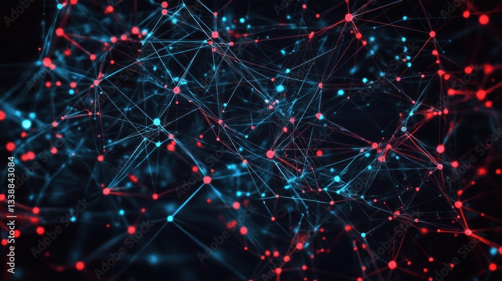 Poster abstract network of interconnected red and blue nodes with depth