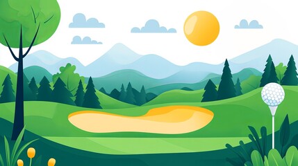 Fototapeta premium Vibrant golf course landscape with trees and mountains under sunny sky
