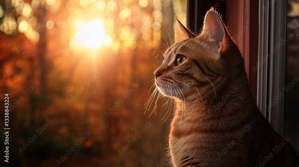 Poster ginger cat is looking outside through a window with autumn trees and warm sunlight visible in the ba