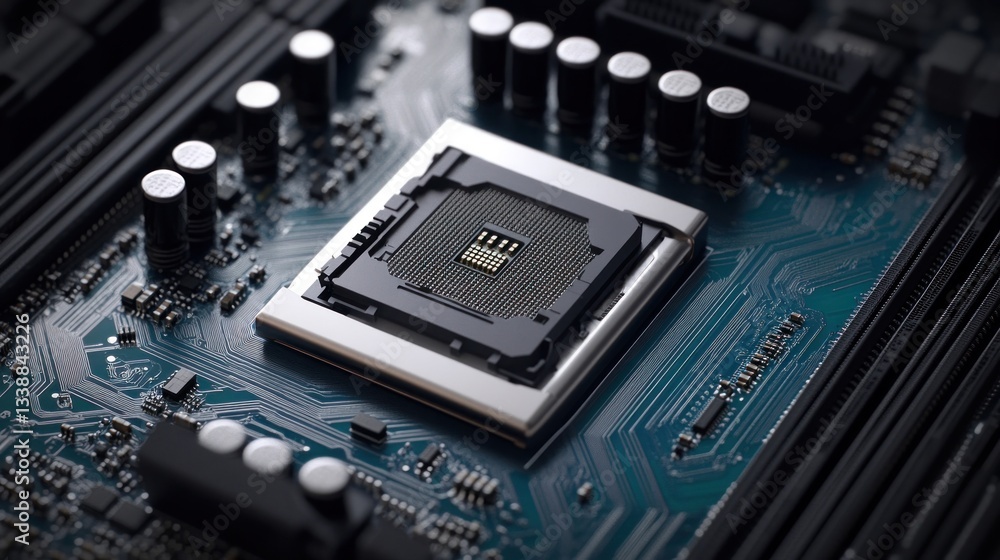Poster close-up of a computer motherboard with a cpu socket and circuitry