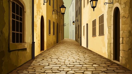 Charming cobblestone alley with historic european architecture and lanterns