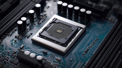 Fototapeta premium Close-up of a computer motherboard with a CPU socket and circuitry