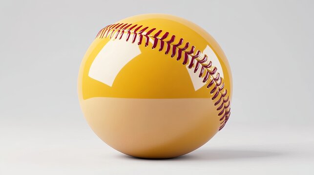 Glossy yellow baseball with red stitching on a light gray background