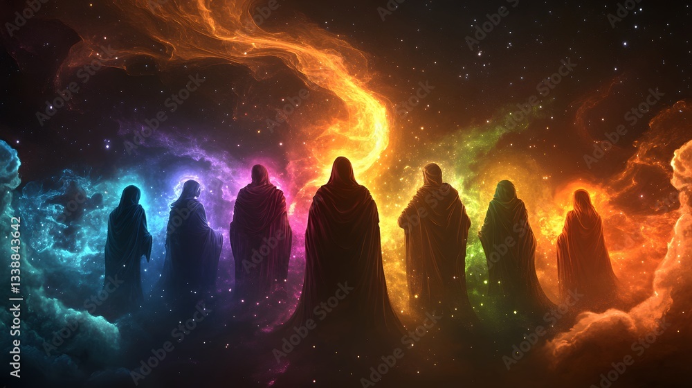 Poster a collection of ai-generated characters in a vibrant fantasy setting