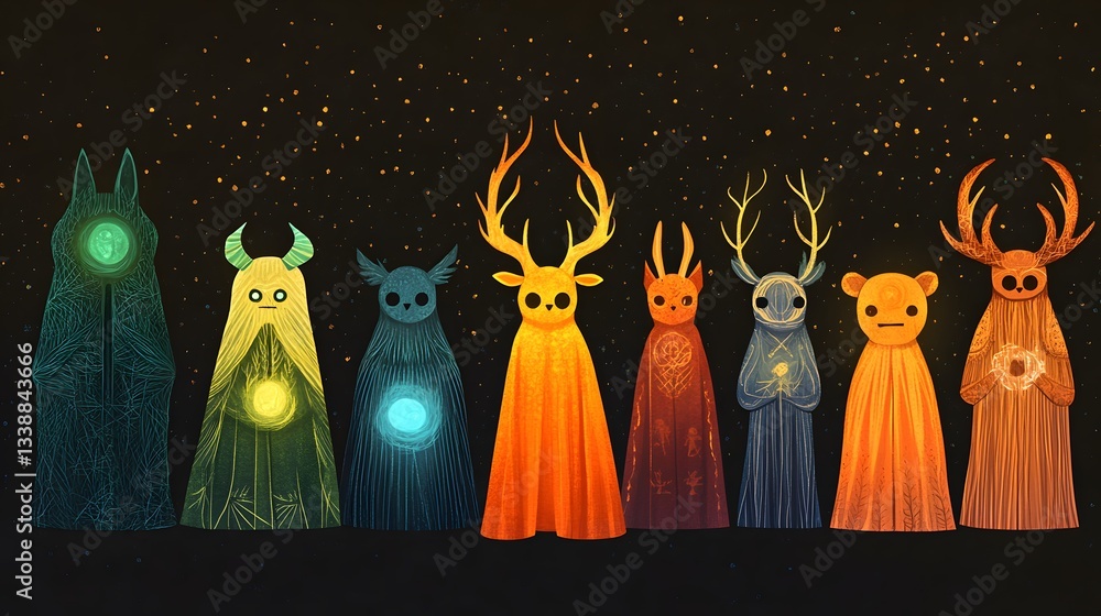 Poster a collection of ai-generated characters in a vibrant fantasy setting