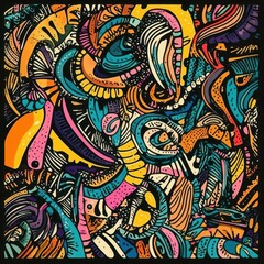 Handdrawn retro doodle pattern with vibrant, energetic contrast