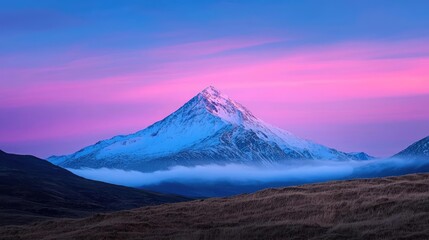 Fototapeta premium Misty mountains scenic view landscapes concept. Majestic snow-capped mountain at dusk, surrounded by clouds in a vibrant sky.
