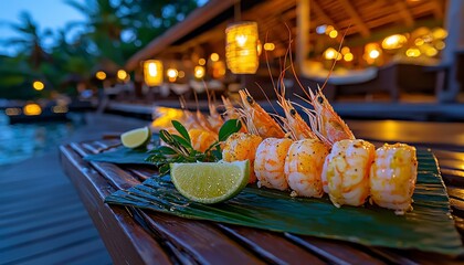 Indulge in a tantalizing symphony of ocean flavors with this exquisite seafood platter, a culinary masterpiece featuring succulent grilled shrimp kissed by the flames and infused with fresh aromatic
