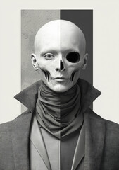 Monochrome Skull Face Portrait – Surreal Digital Artwork for Modern Wall Art and Poster Design