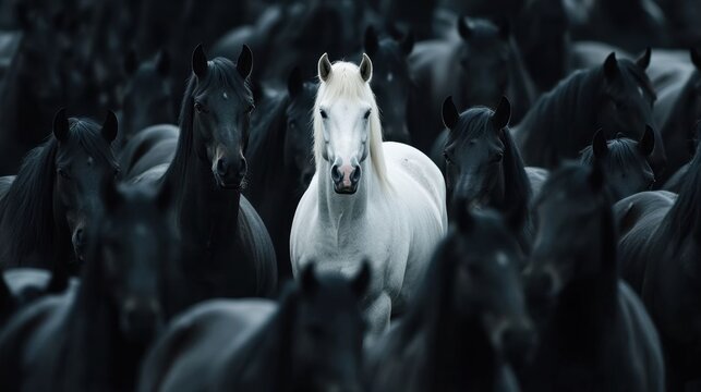 A white horse among black stallions.