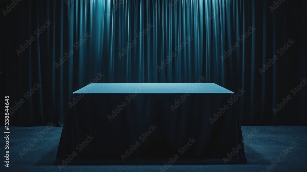 Poster dimly lit stage with blue curtains and empty table setup