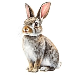 Obraz premium An adorable brown and white bunny rabbit sits calmly and looks directly at the viewer against a pure white background.
