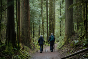 Obraz premium Elderly couple enjoying trekking in the woods, walking on a path surrounded by lush green nature