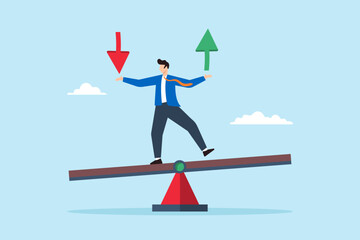 Flat illustration of investor balance on seesaw holding arrow of loss and gain symbolizing investment risk