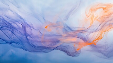 Hyper-Realistic Close-up of Colorful Smoke and Ink in Water, Purple and Orange Palette on Blue Background, Delicate Lines