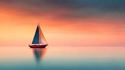 Fototapeta premium Sunset over ocean landscapes idea. A serene sunset with a sailboat on calm waters, evoking relaxation and adventure.