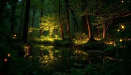 Enchanted Forest Scene with Glowing Fireflies Reflected in Calm Pond at Night