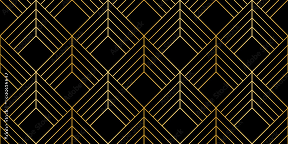 Poster black and gold geometric art deco rhombus print, classical elegant vector background seamless repeat