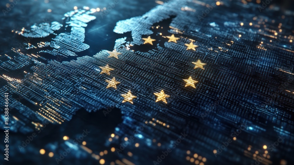 Poster digital map of europe illuminated with stars and data streams