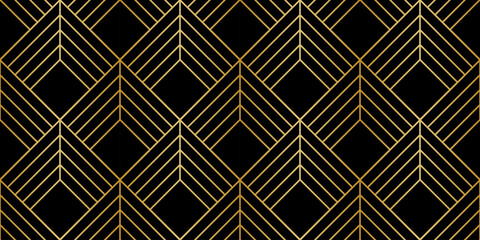 Black and gold geometric art deco rhombus print, classical elegant vector background seamless repeating pattern design