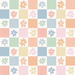 Colorful fun retro daisy floral check, tiny flowers checkered trendy pastel spring vector repeat pattern tile