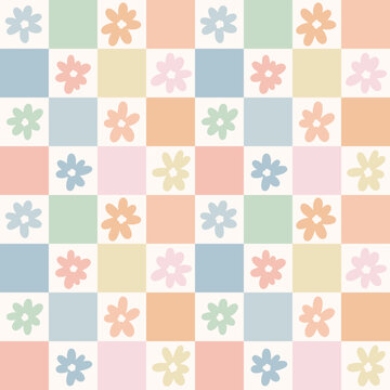 Fototapeta Colorful fun retro daisy floral check, tiny flowers checkered trendy pastel spring vector repeat pattern tile