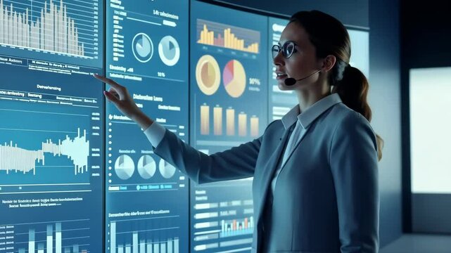 A highly skilled professional woman proficiently utilizes advanced data dashboards, effectively highlighting the crucial integration of technology and analytics in important decisionmaking processes
