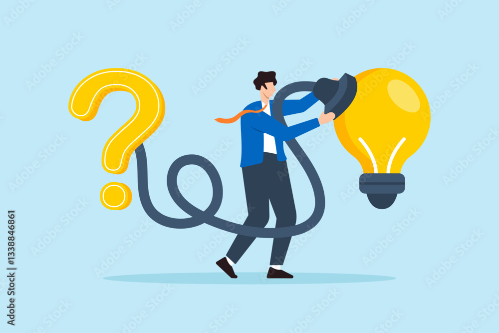 Poster flat illustration of businessman connect question mark to lightbulb solving problem with creativity