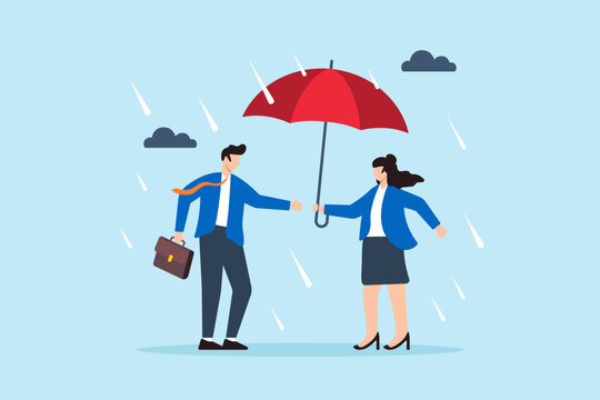 Flat illustration of kind businessman offer umbrella to protect woman from rain symbolizing leadership and empathy