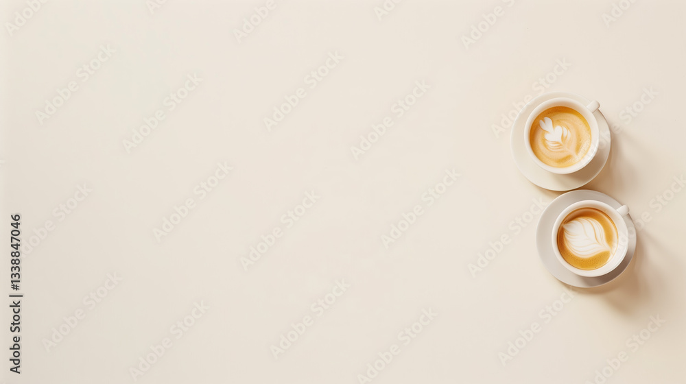 Poster Beige empty table top view copy space with two cops of coffee. Coffee concept. Empty tabletop. Minimalistic copy space table mock up